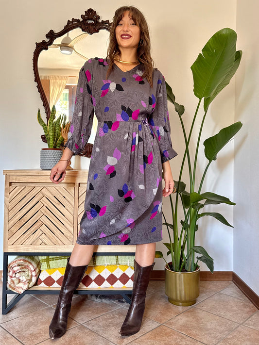 1970’s vintage silver and purple silk floral print midi dress with butterfly glass bead detail