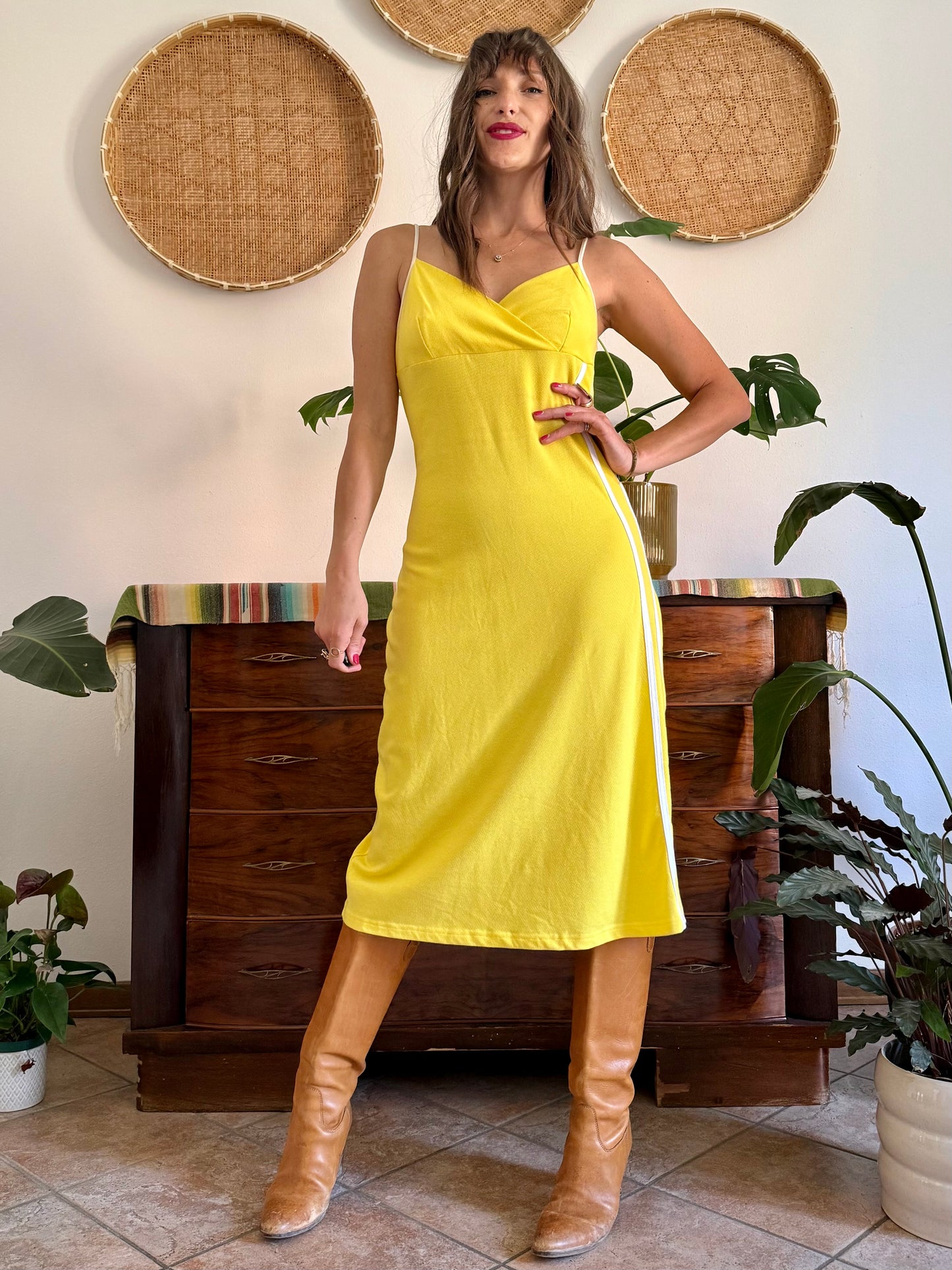 1990’s vintage canary yellow woven cotton midi dress with white stripe detailing