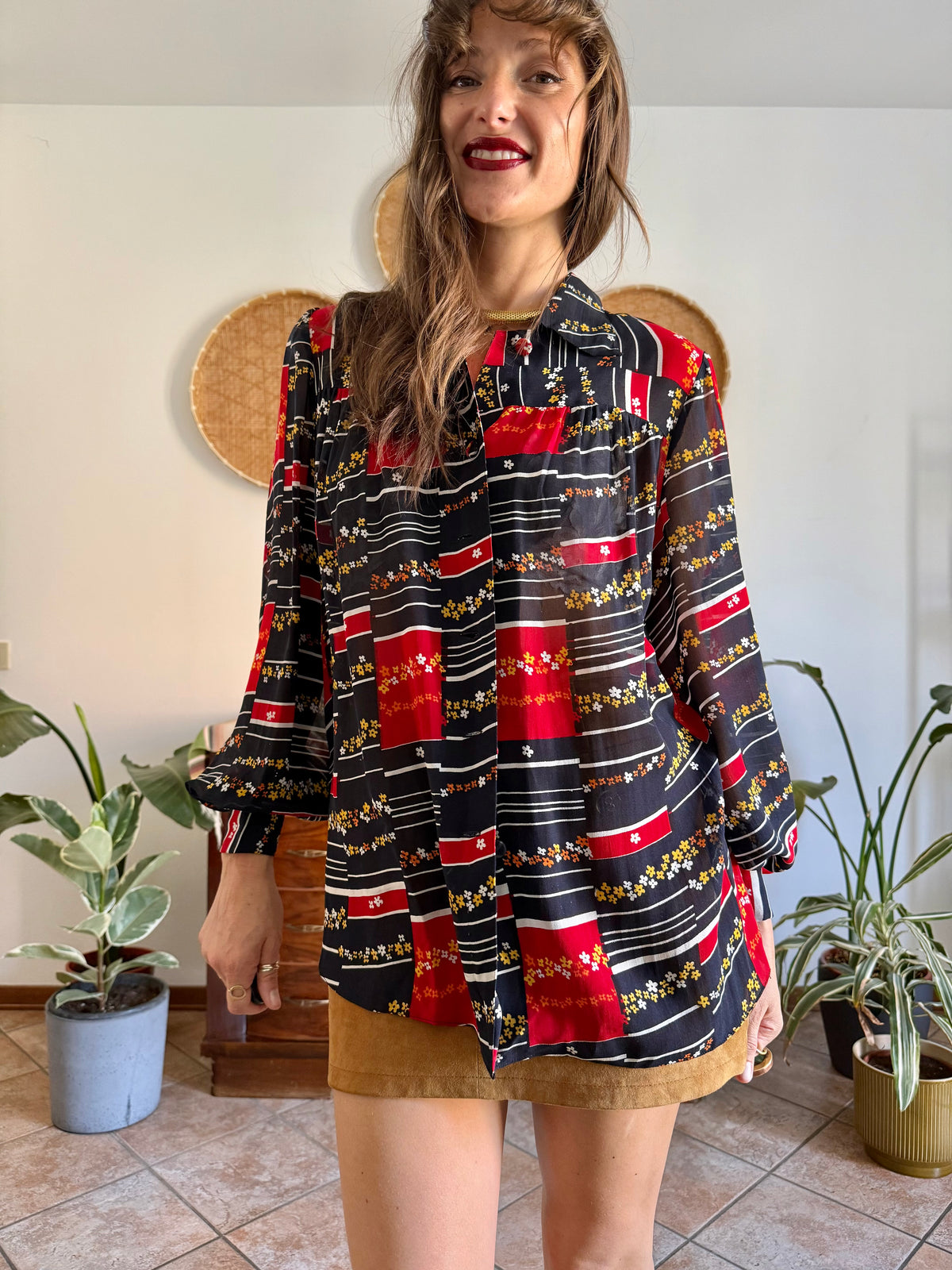 1970's vintage black, red and yellow stripe and floral print blouse