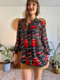 1970's vintage black, red and yellow stripe and floral print blouse