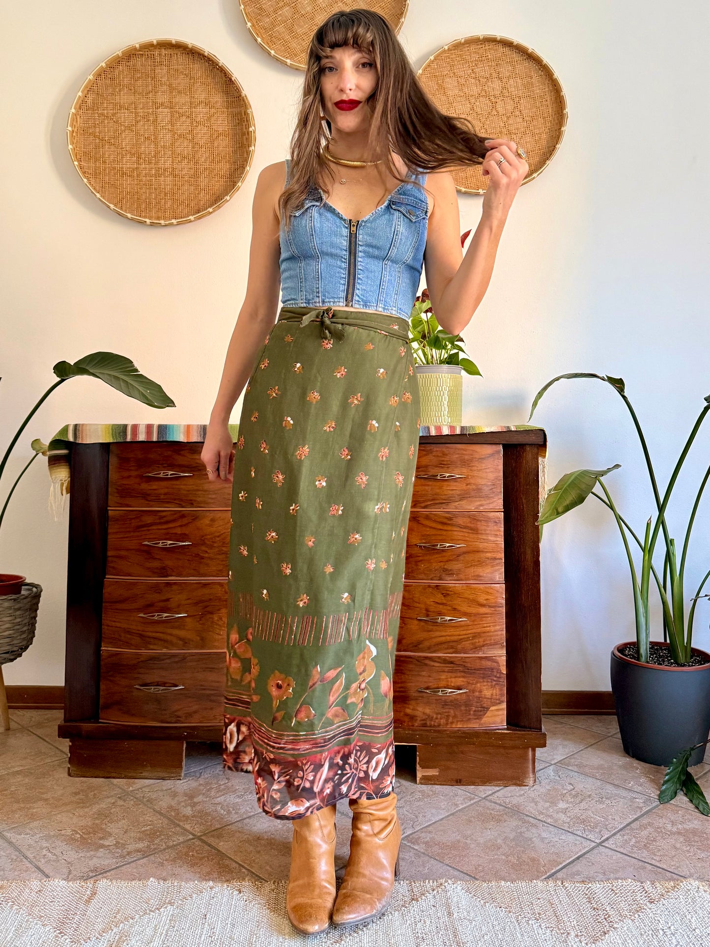 1990's vintage olive green, brown and dark orange floral wrap maxi skirt