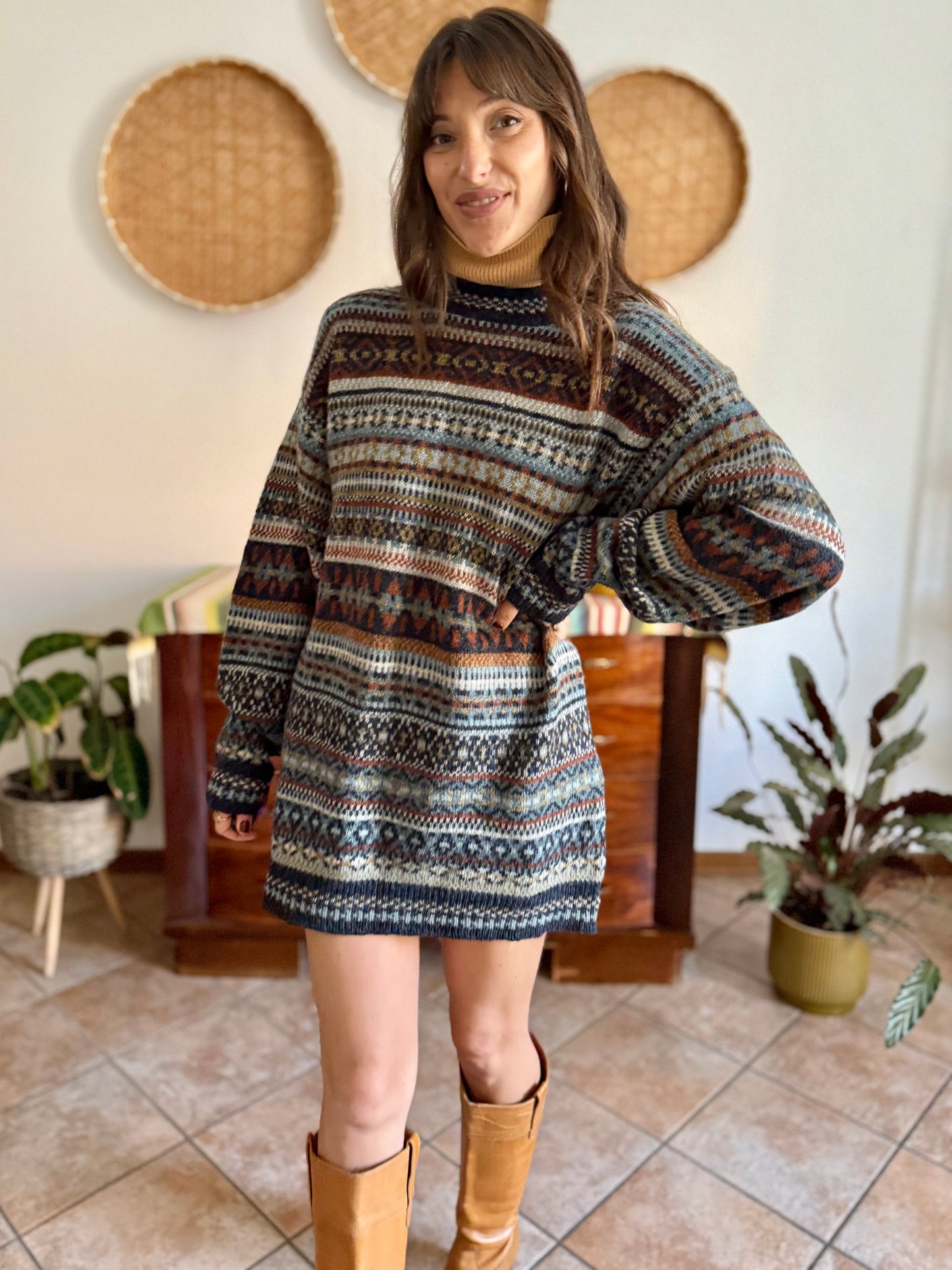 1990's vintage wool chocolate brown, navy and light blue geometric stripe knit sweater dress