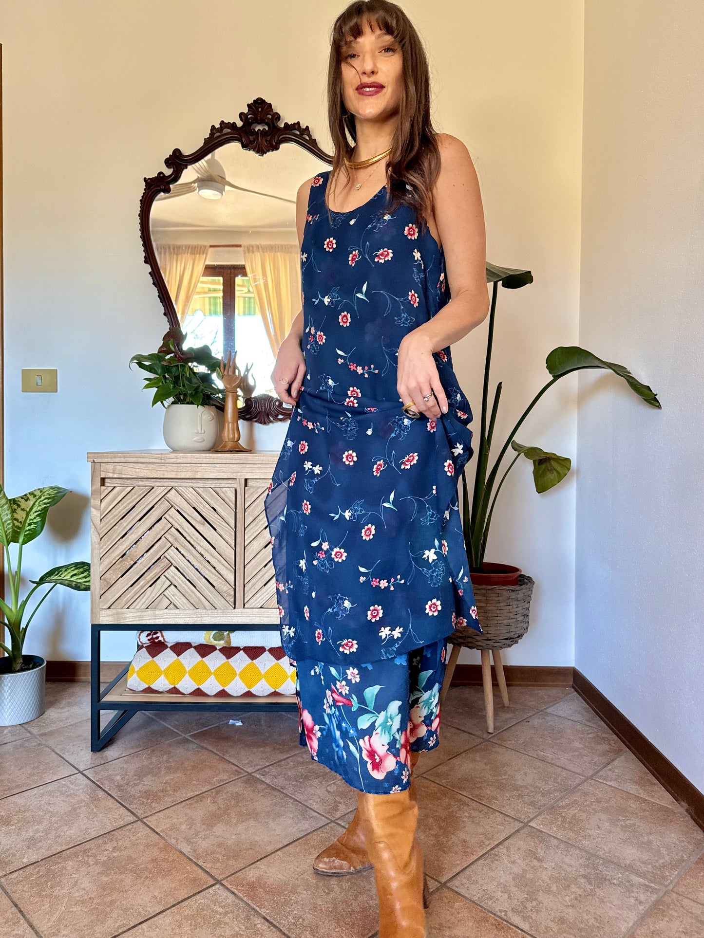1990's vintage reversible navy blue floral print maxi dress