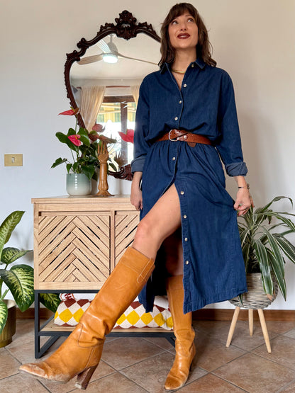 1970's vintage dark blue denim maxi dress