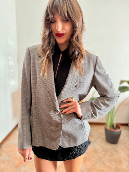 1970's vintage black and cream houndstooth wool blazer with mother of pearl buttons