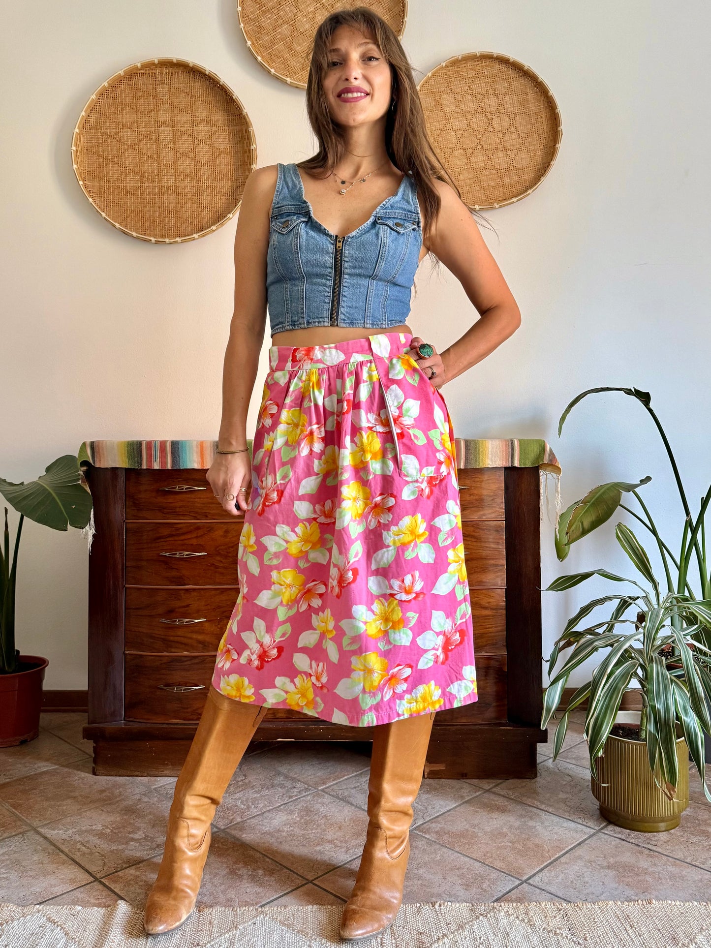 1970’s vintage pink and yellow button down midi skirt