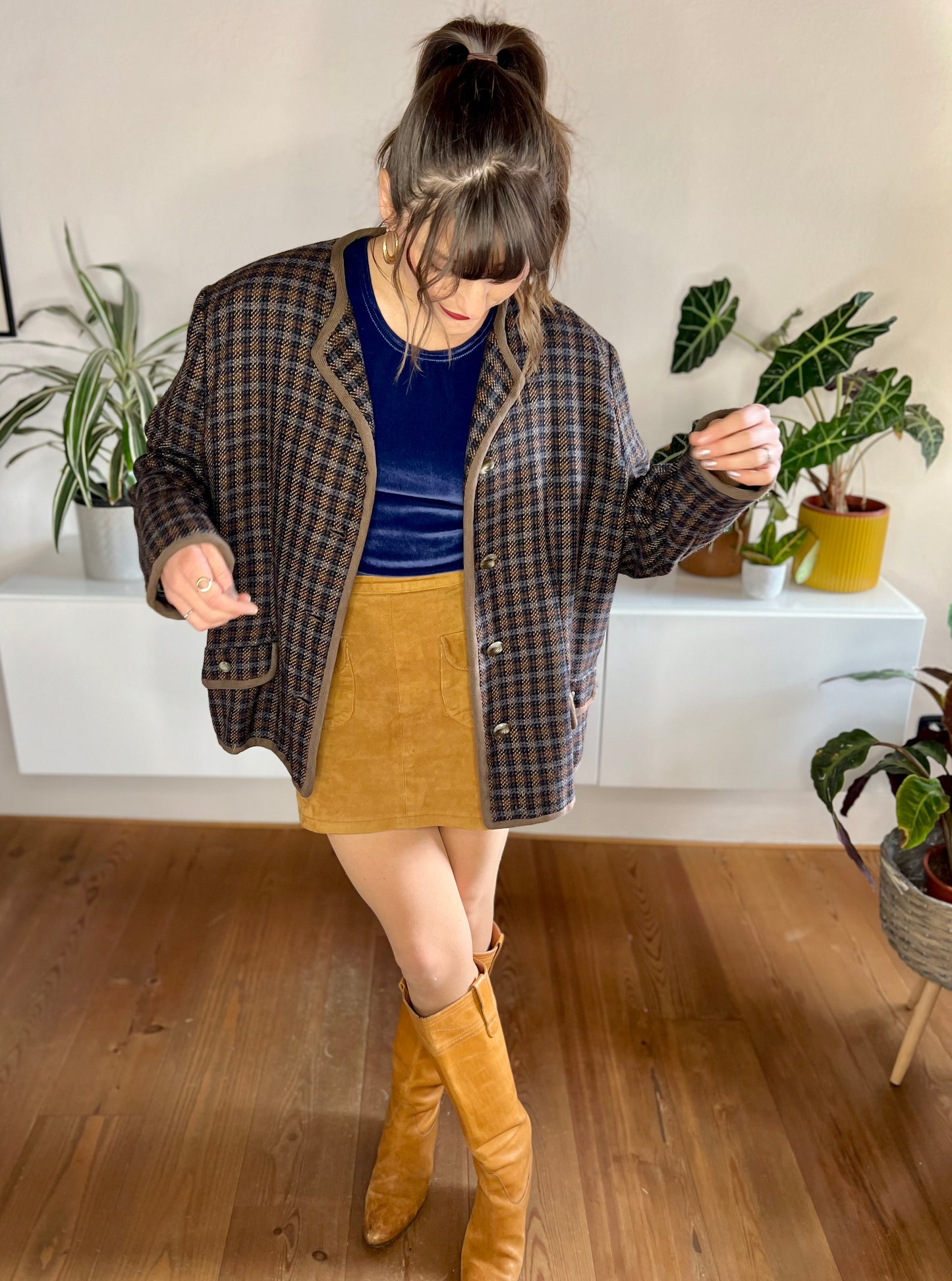 1970's vintage brown and blue oversize plaid wool blazer