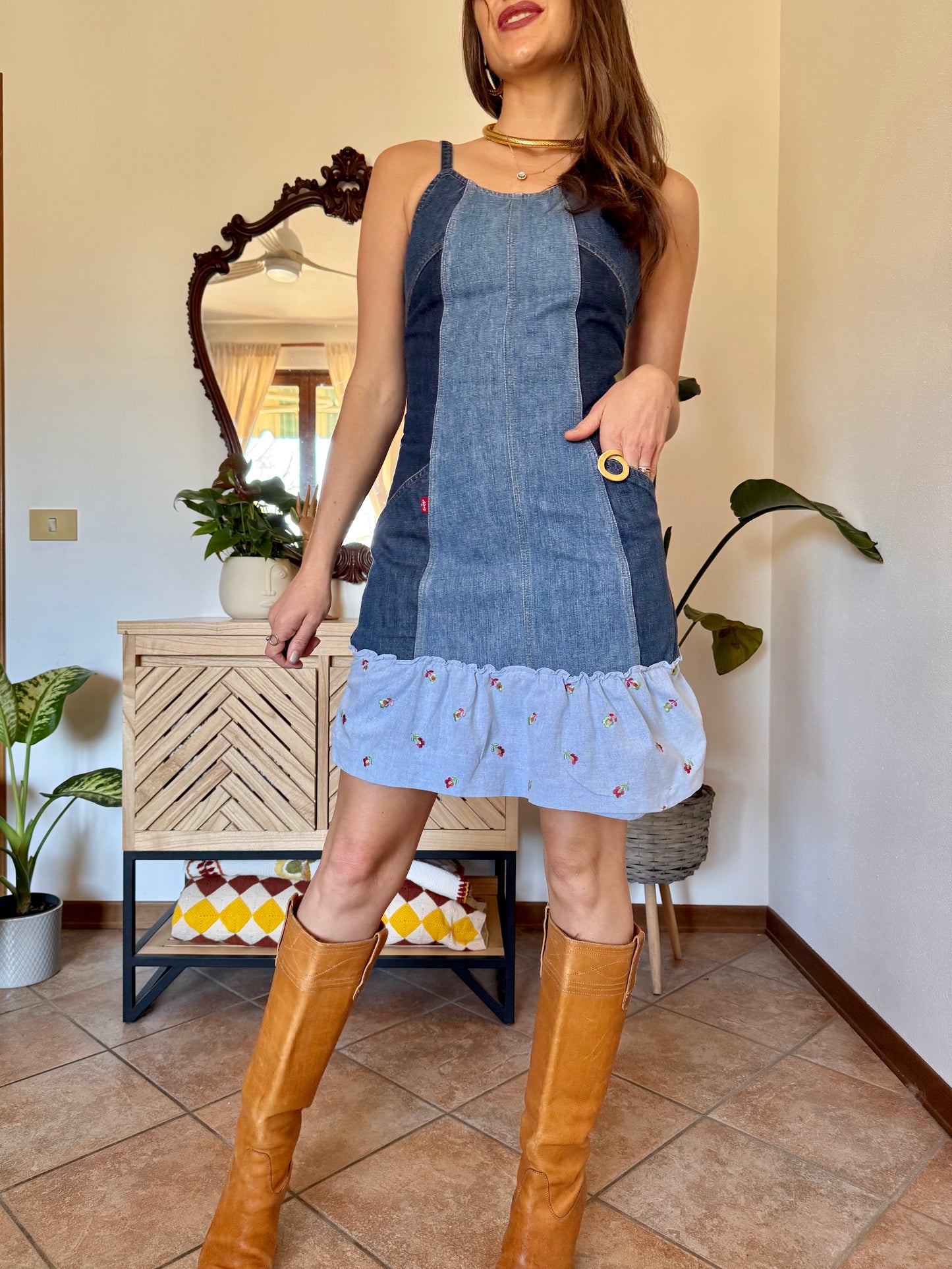 Y2k vintage denim Levi's mini dress with floral embroidery ruffle trim