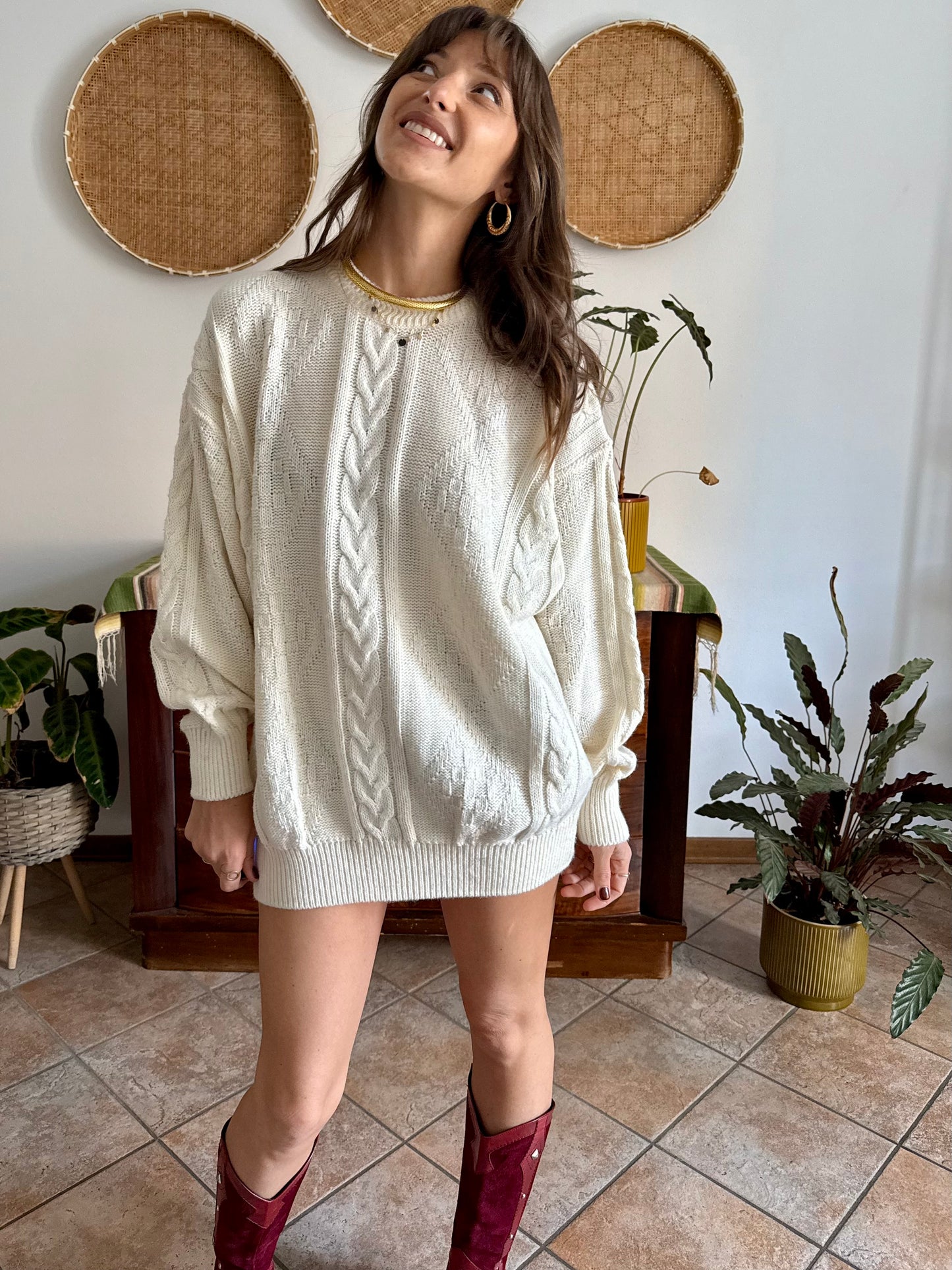 1970's vintage oversize cream wool blend cable knit Fisherman's pullover