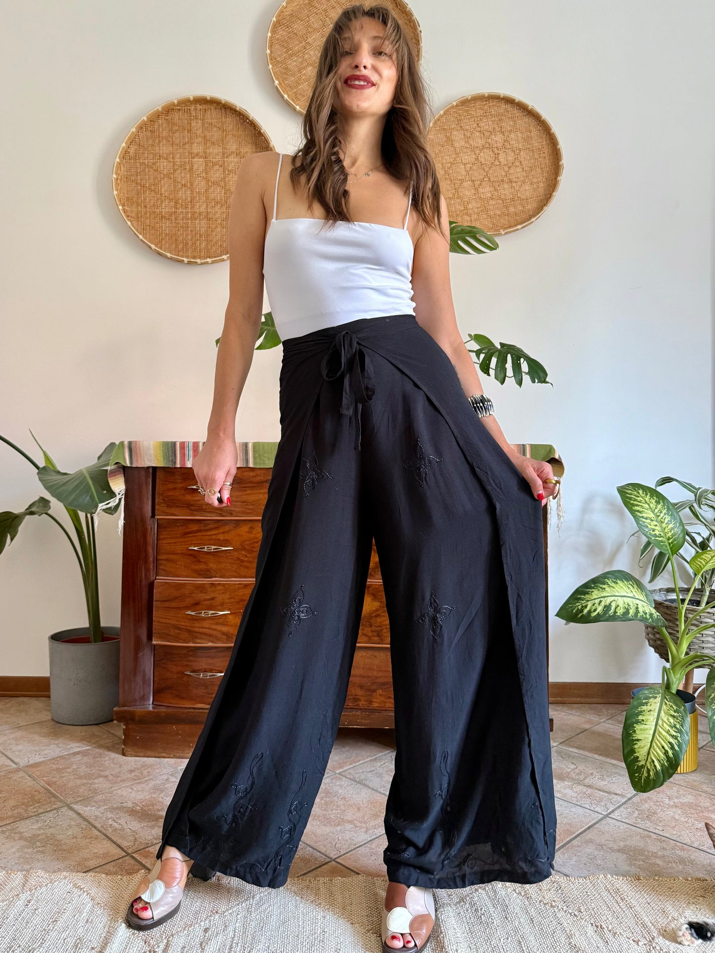 1990’s vintage black adjustable tie wide leg trousers with floral embroidery and sequin detailing