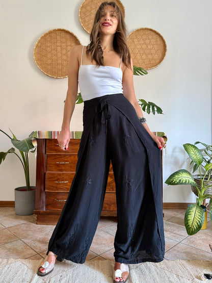 1990’s vintage black adjustable tie wide leg trousers with floral embroidery and sequin detailing