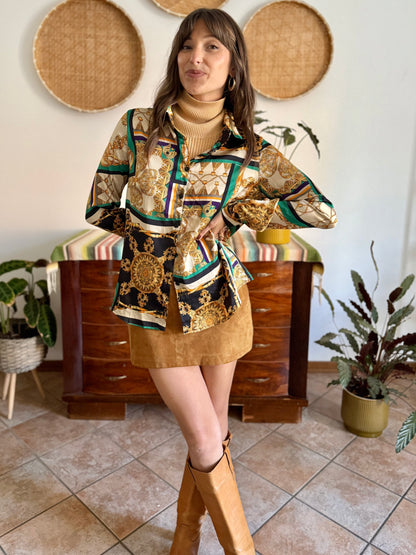1990's vintage gold, green and yellow satin tassel print blouse