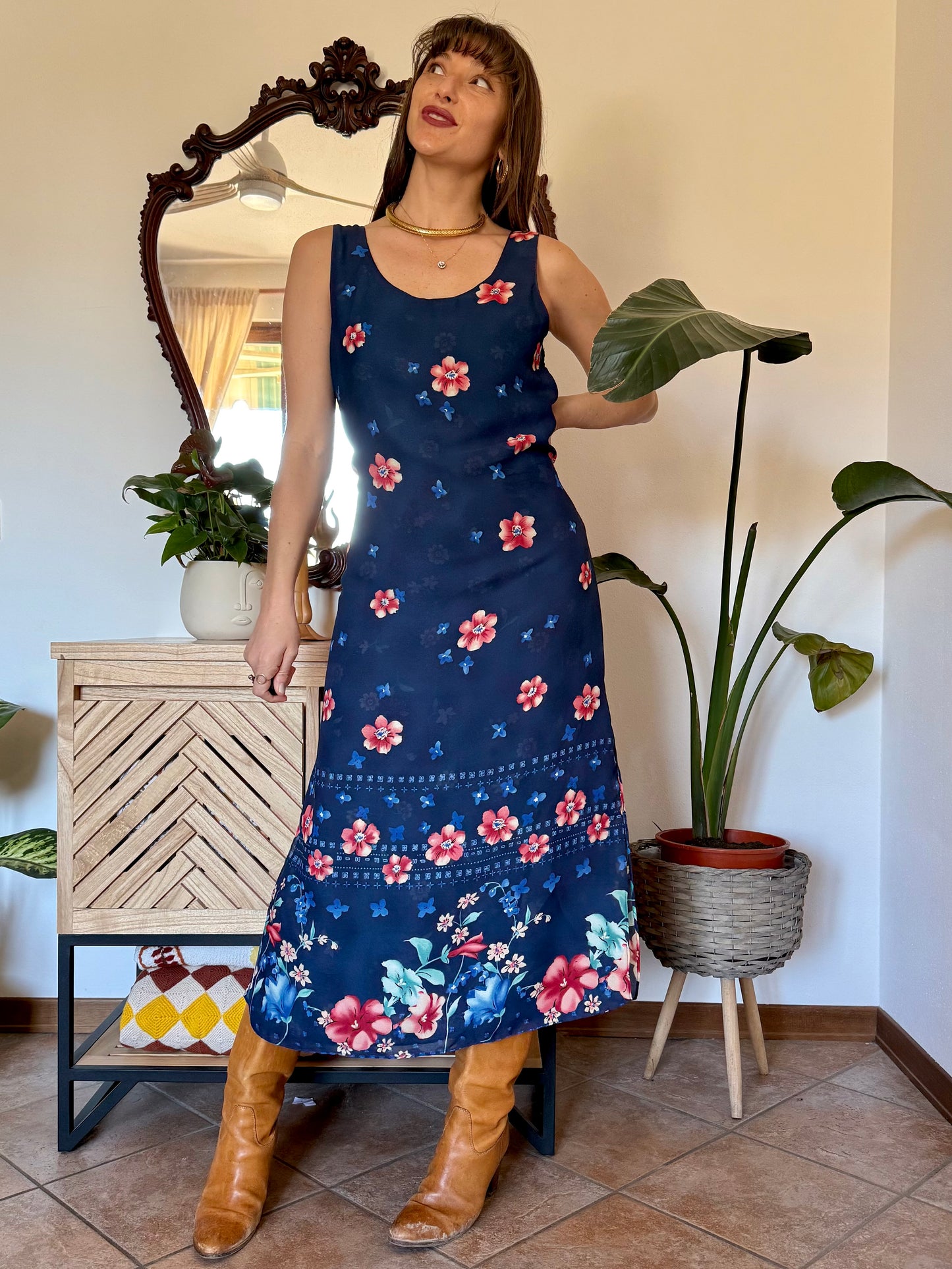 1990's vintage reversible navy blue floral print maxi dress