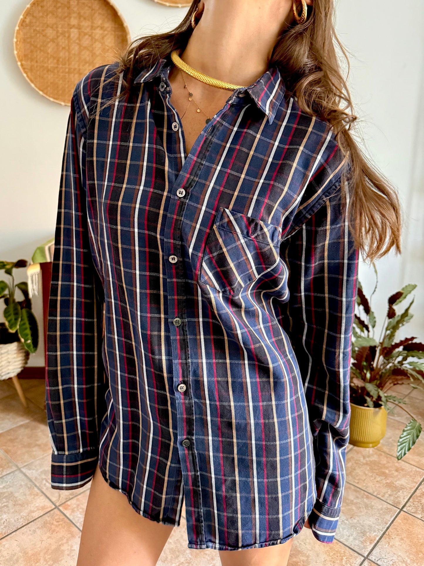 1970's vintage navy blue and chocolate brown plaid shirt