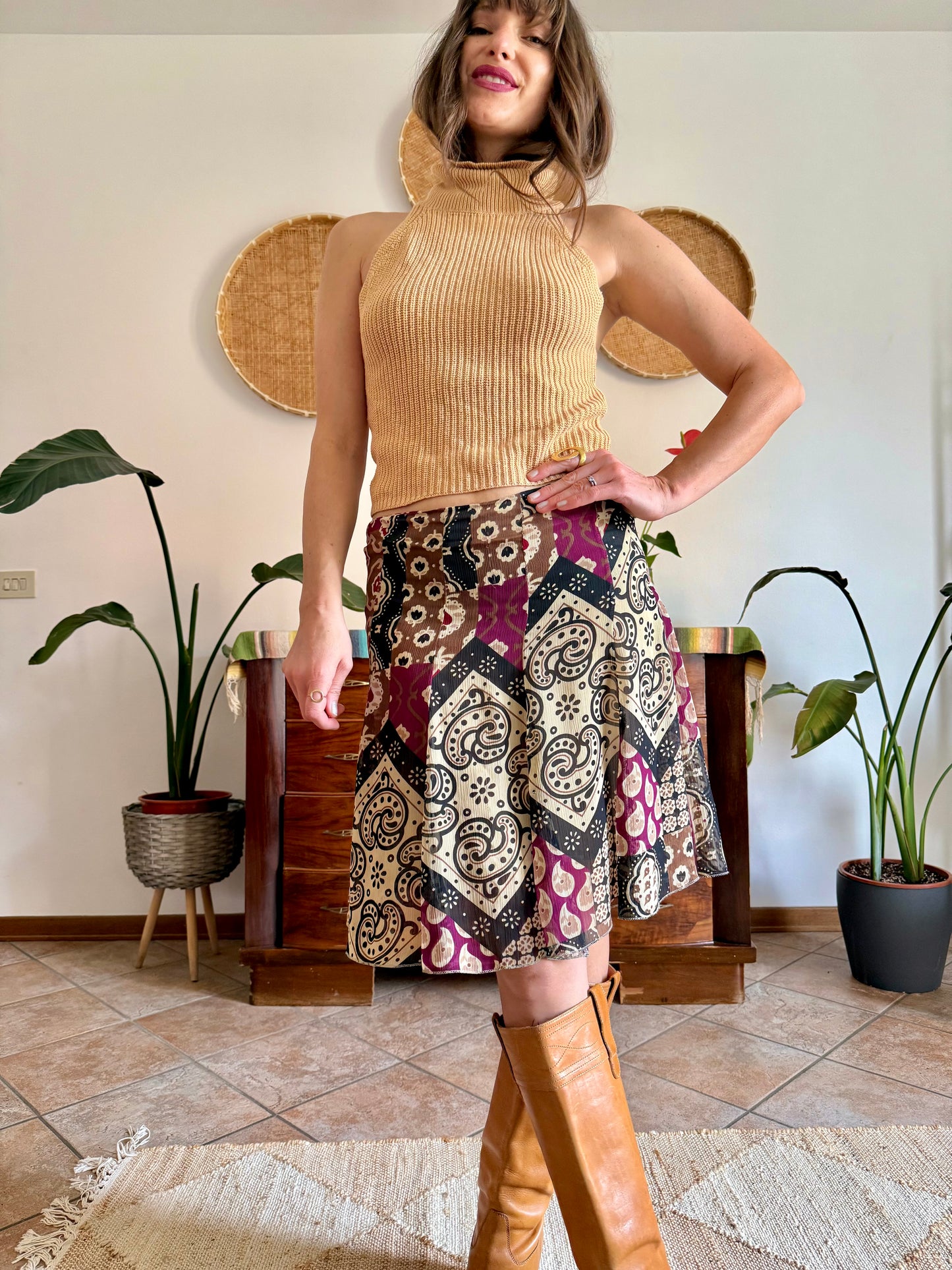 Y2K vintage burgundy, tan and black geometric print midi skirt