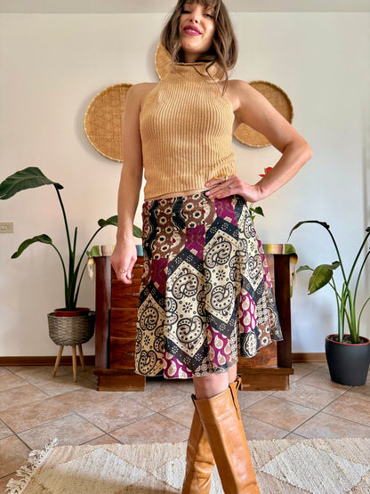 Y2K vintage burgundy, tan and black geometric print midi skirt