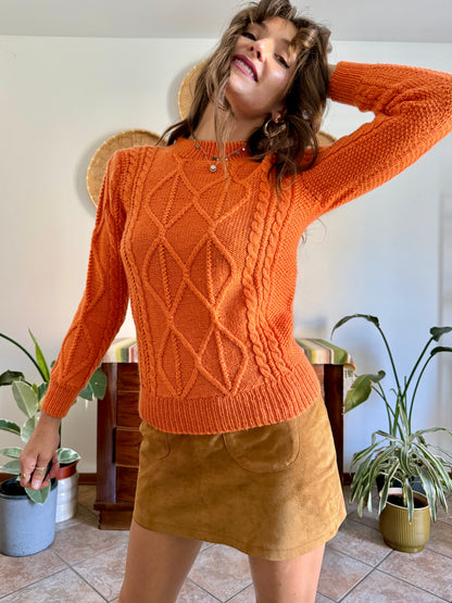 1970's vintage orange wool mock neck cable knit pullover