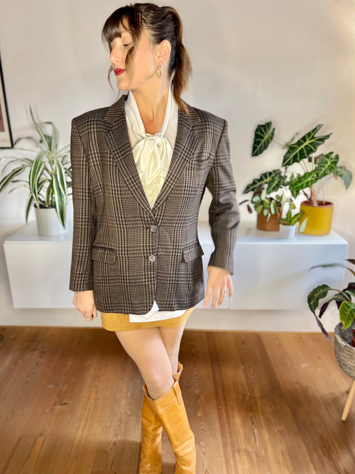 1970's vintage chocolate brown and blue cashmere blend plaid blazer