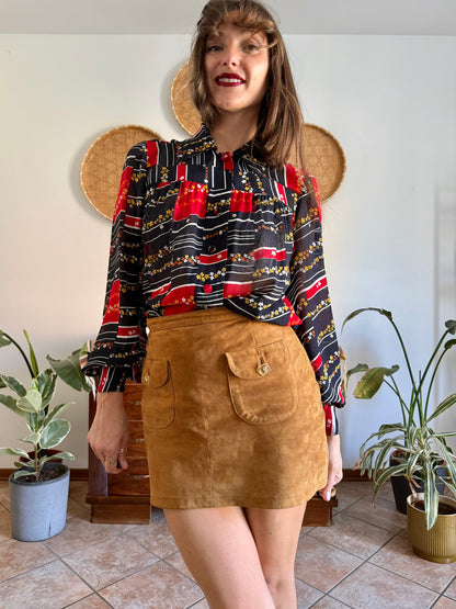 1970's vintage black, red and yellow stripe and floral print blouse