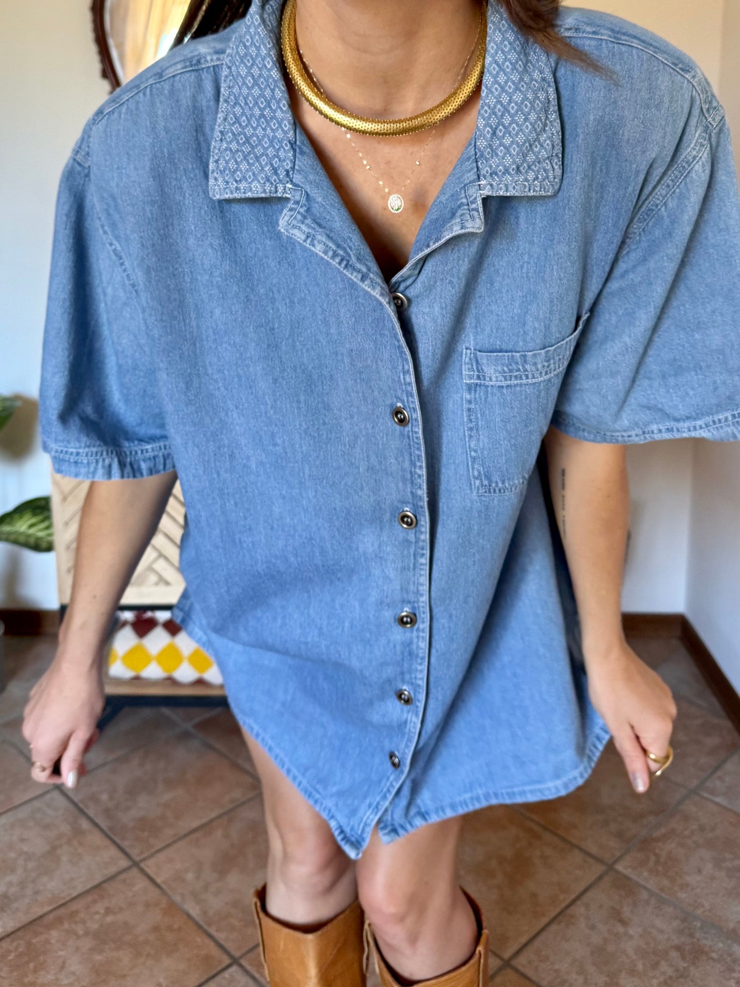 1990’s vintage light was denim shirt with geometric woven collar detailing