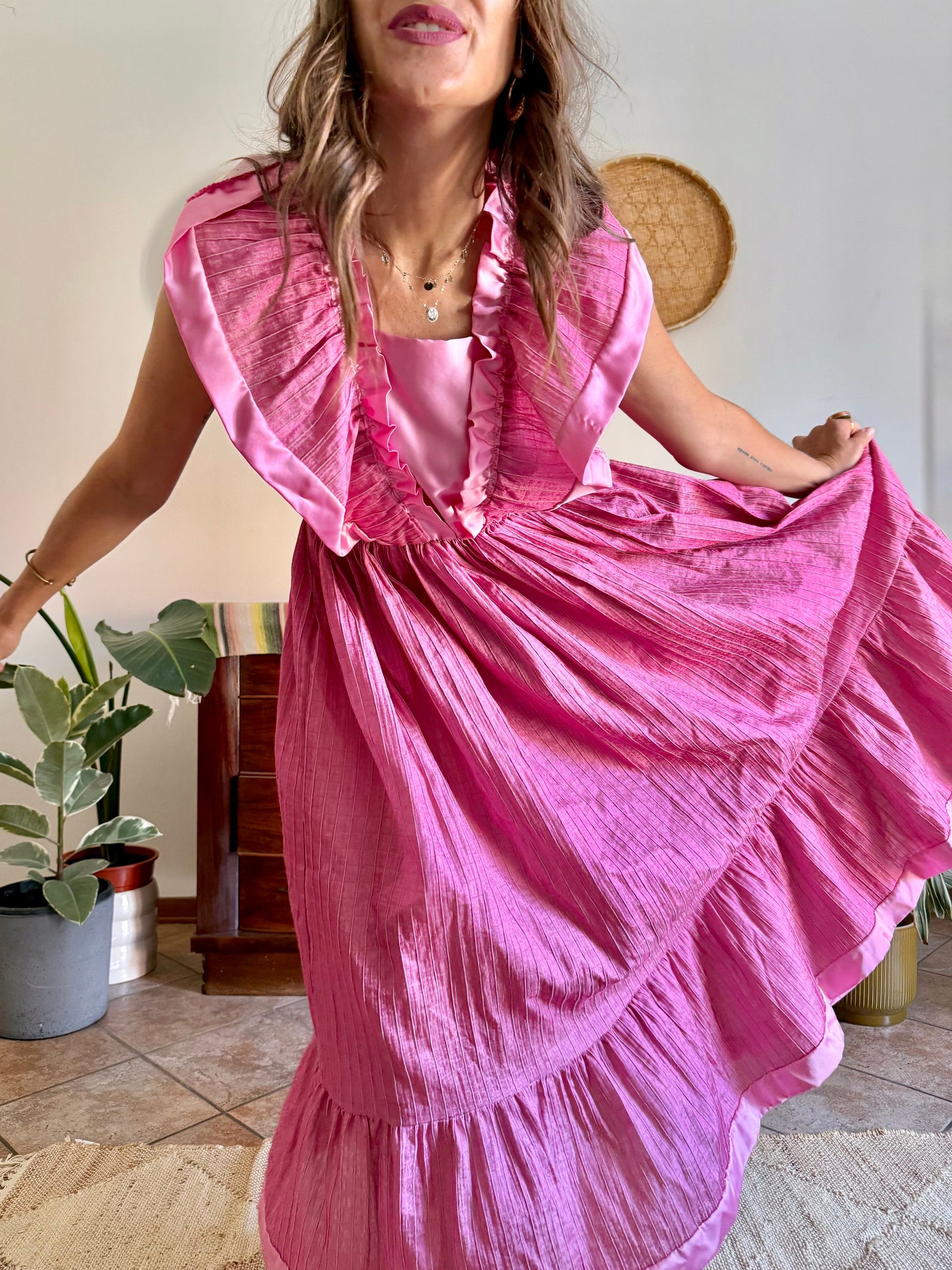 1970’s vintage metallic textured pink maxi prairie dress with satin ruffle details