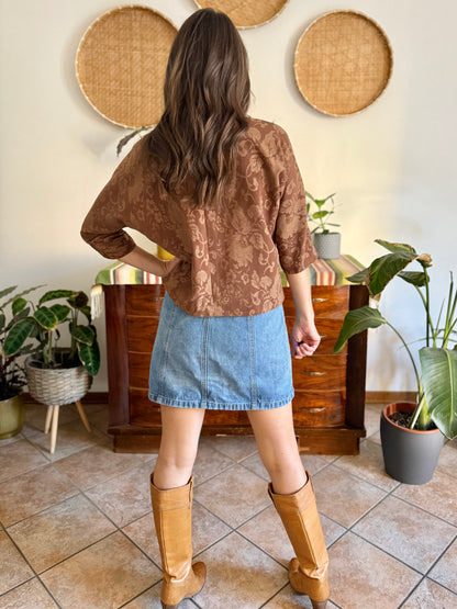 1970's vintage brown woven floral tapestry blouse