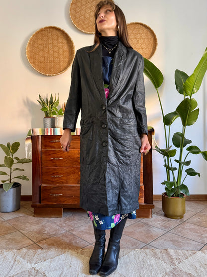 1990’s vintage butter soft black leather trench coat with lapel detail