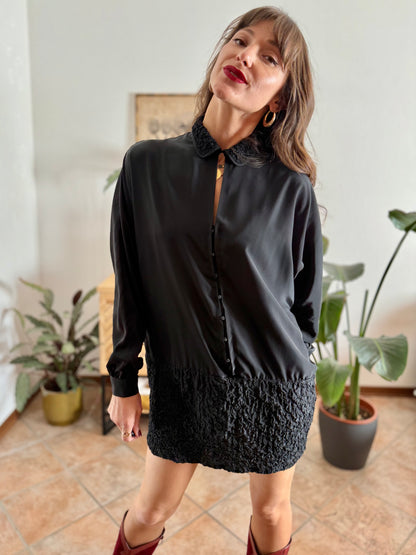 1960’s vintage rouched bottom black satin mini dress