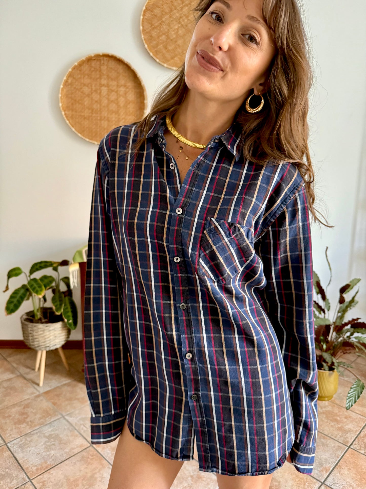 1970's vintage navy blue and chocolate brown plaid shirt