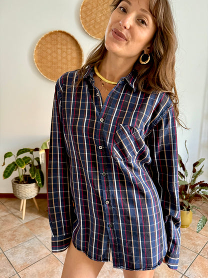 1970's vintage navy blue and chocolate brown plaid shirt