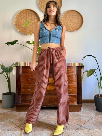 1990’s vintage chocolate brown and pink stripe woven wide leg trousers