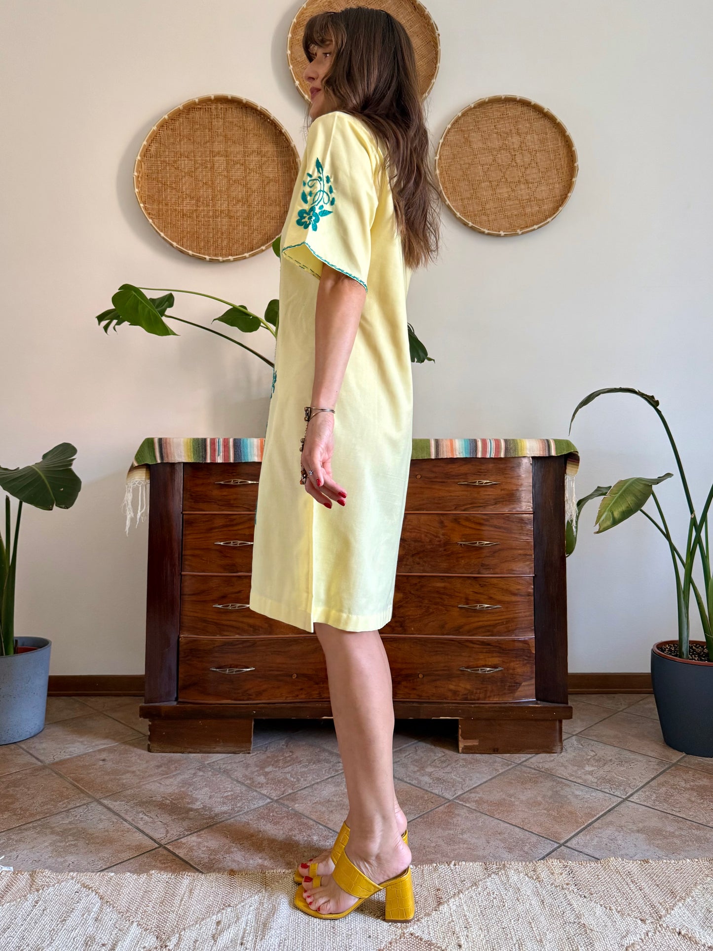 1970's vintage butter yellow cotton midi dress with green floral embroidery