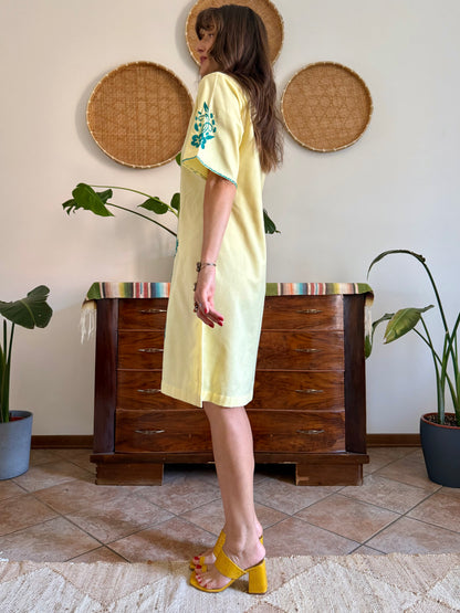 1970's vintage butter yellow cotton midi dress with green floral embroidery