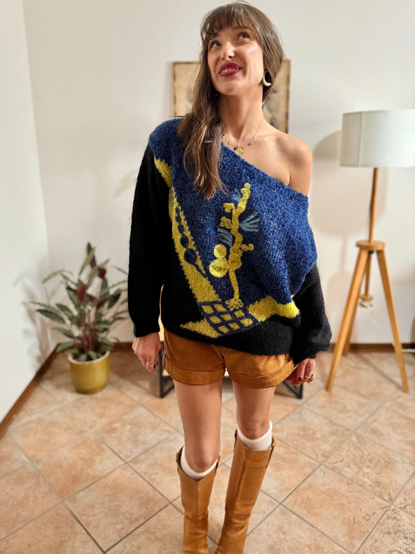 1980’s vintage blue, black and citron textured metallic pullover