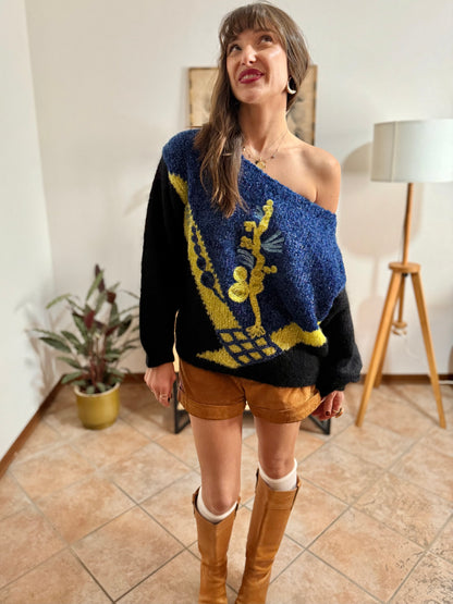 1980’s vintage blue, black and citron textured metallic pullover