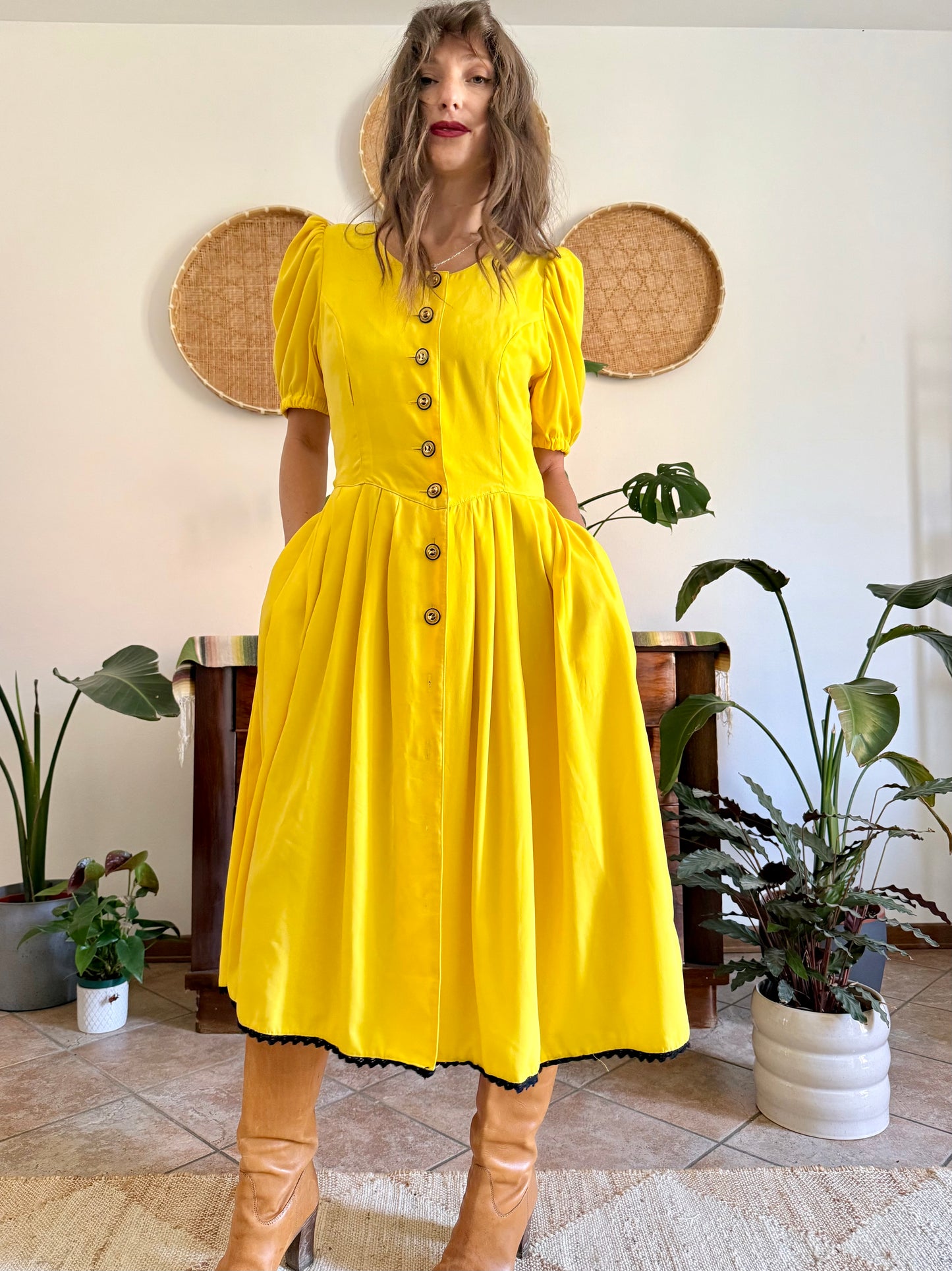 1960’s vintage canary yellow button down midi dress with black crochet detailing