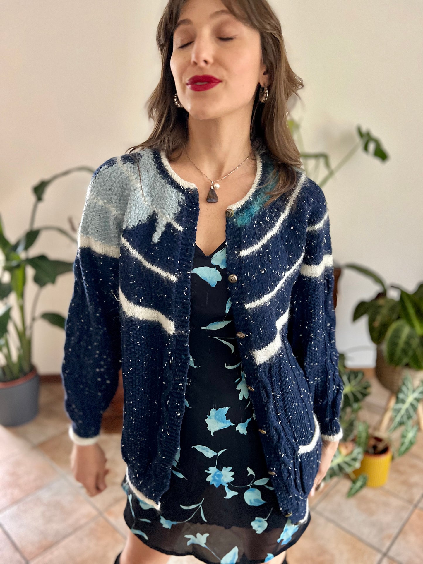 1970's vintage navy blue and cream speckled hand knit cardigan with turquoise asymmetric design