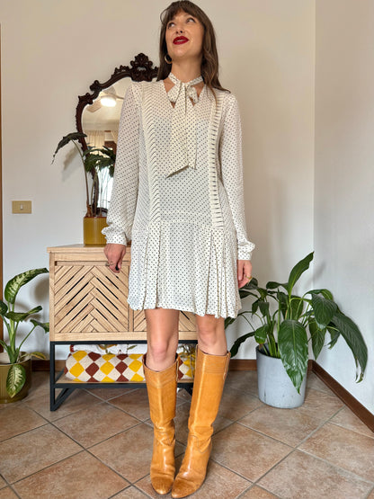 1990’s vintage cream pleated mini dress with black polkadots and bow tie neck