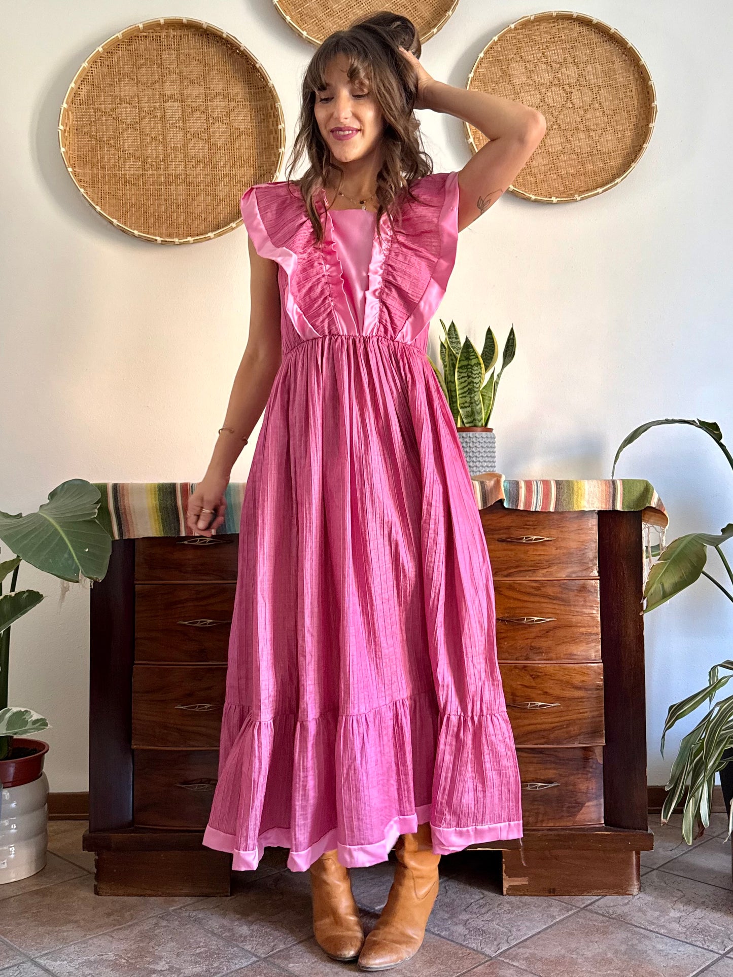 1970’s vintage metallic textured pink maxi prairie dress with satin ruffle details