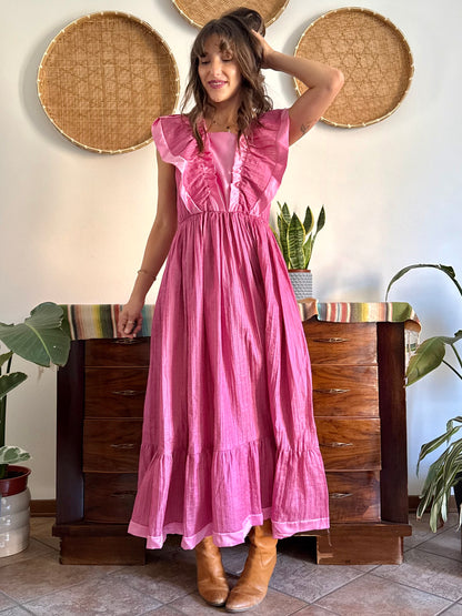 1970’s vintage metallic textured pink maxi prairie dress with satin ruffle details