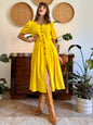 1960’s vintage canary yellow button down midi dress with black crochet detailing