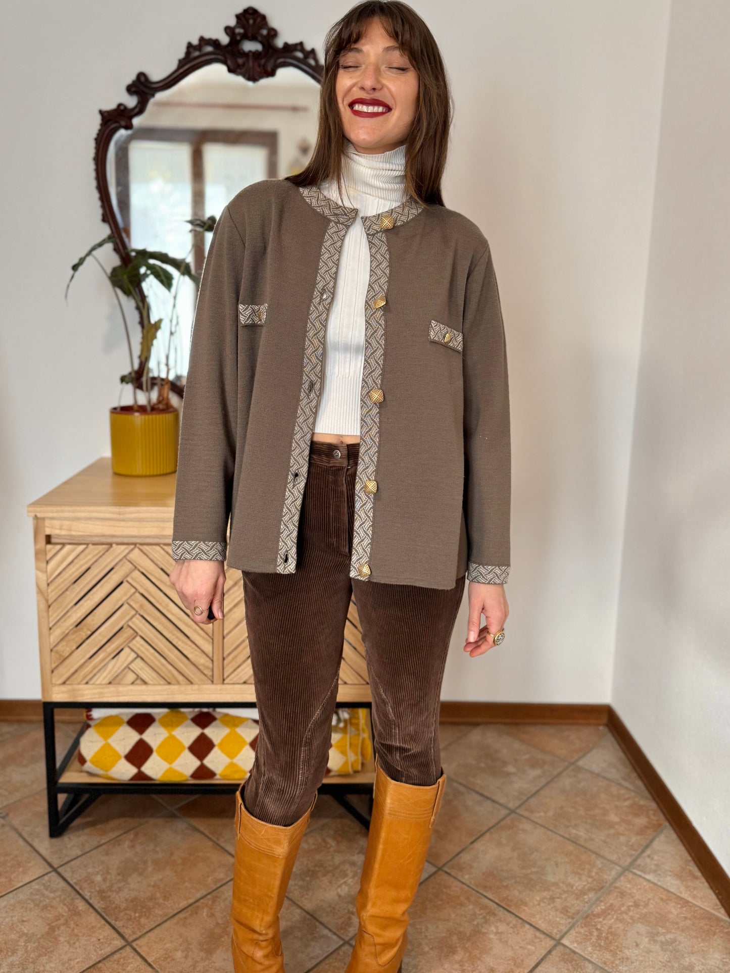 1980's vintage khaki wool cardigan with cream geometric knit pattern and square brass buttons