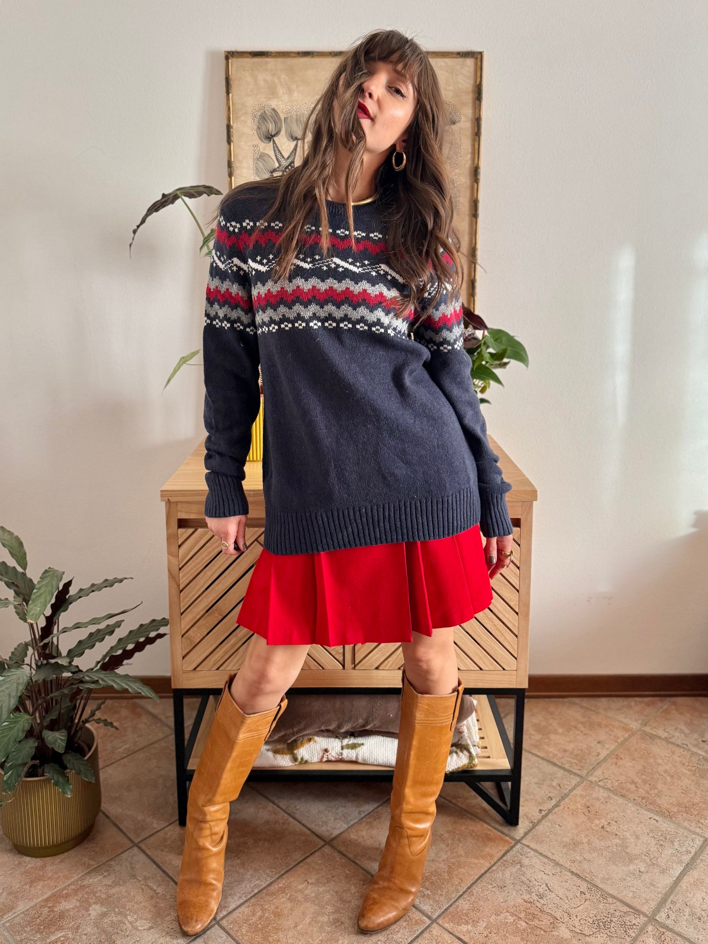 1990’s vintage navy blue knit pullover with red and cream geometric pattern