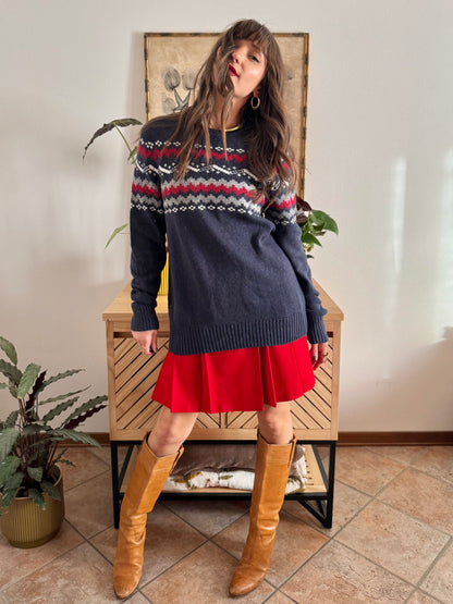 1990’s vintage navy blue knit pullover with red and cream geometric pattern