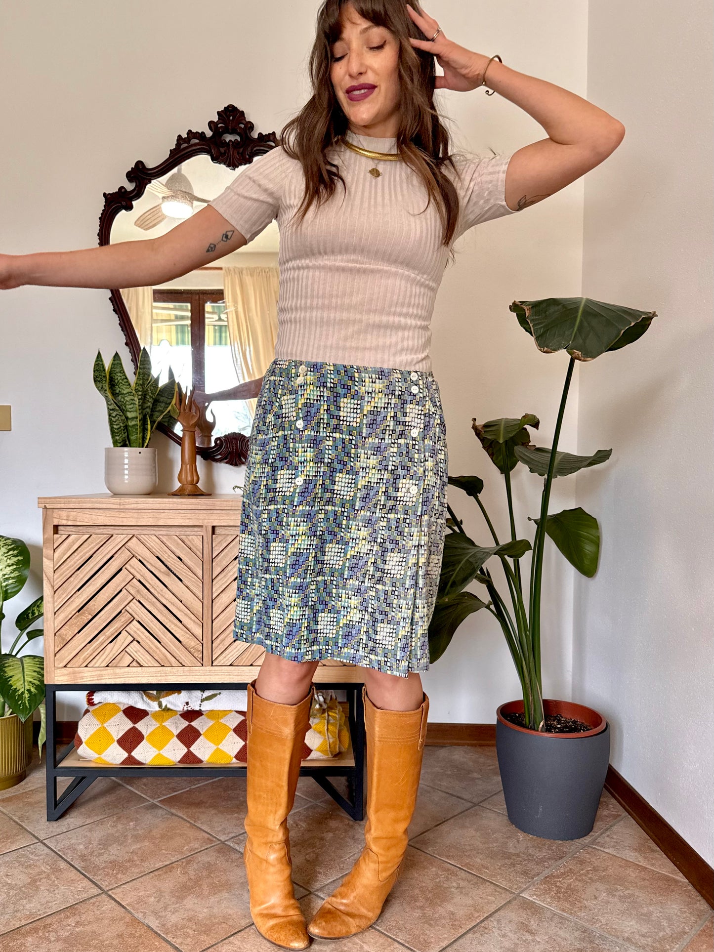 1970’s vintage turquoise, lilac and green geometric print silk midi skirt