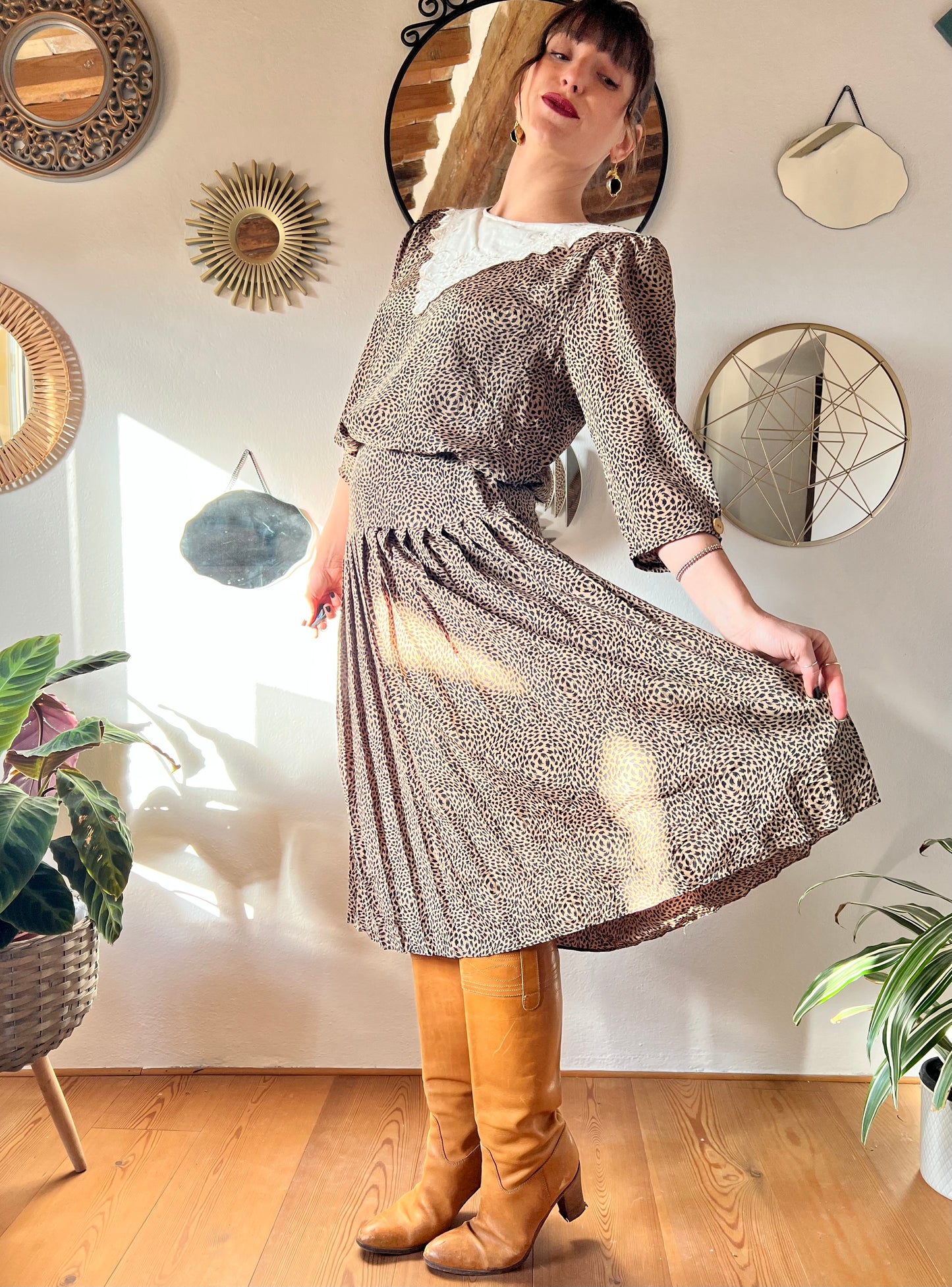 1970's vintage leopard print drop waist midi dress with embroidered handkerchief collar