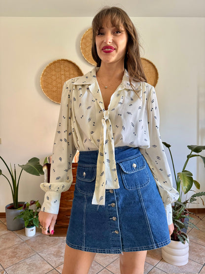 1970’s vintage cream with navy blue floral bow tie silk blouse