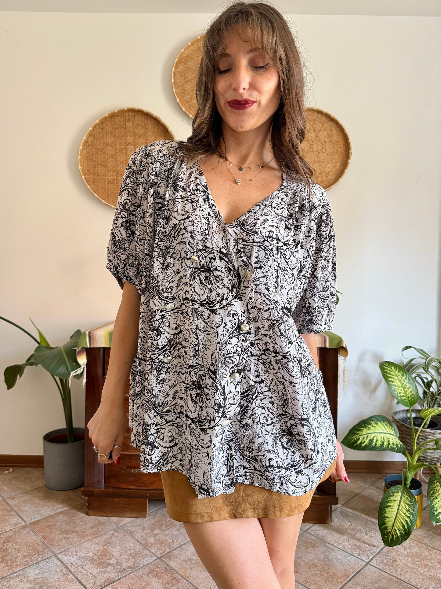 1970’s vintage black and light grey oversize paisley blouse