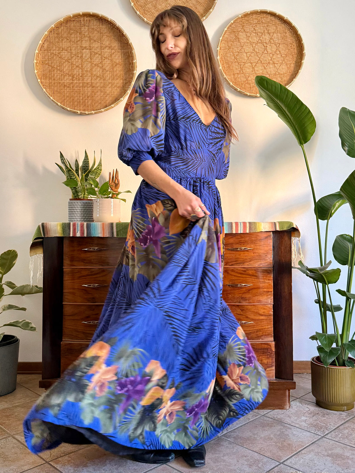 1960’s vintage blue floral silk evening gown with matching scarf and belt