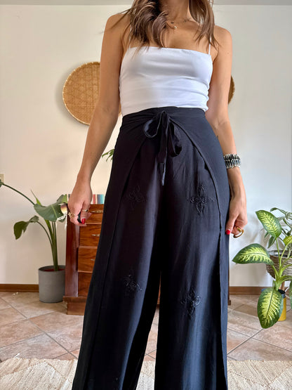 1990’s vintage black adjustable tie wide leg trousers with floral embroidery and sequin detailing